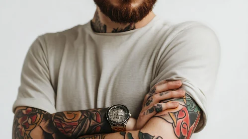 Bearded Man with Arm Tattoos and Watch