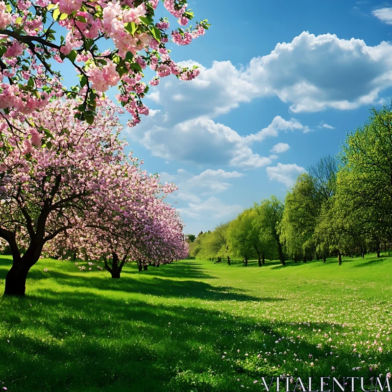 AI ART Blossoming Trees in a Green Meadow