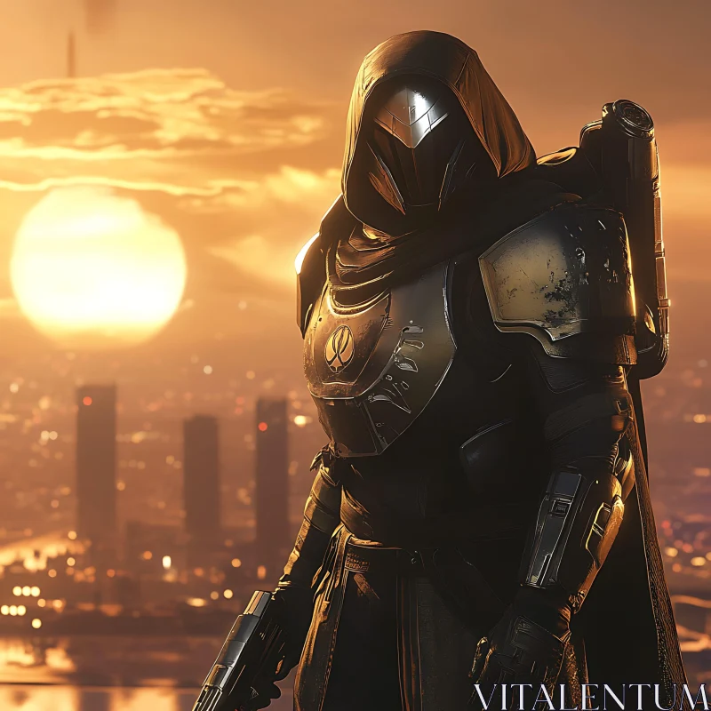 Futuristic Warrior in Cityscape
