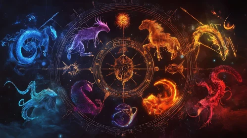 Magical Zodiacal Circle with Mythical Beasts