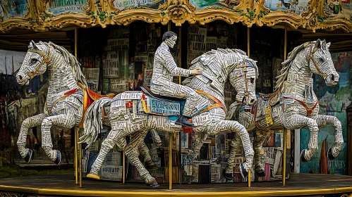 Carousel Horses Covered in Newspaper Clippings