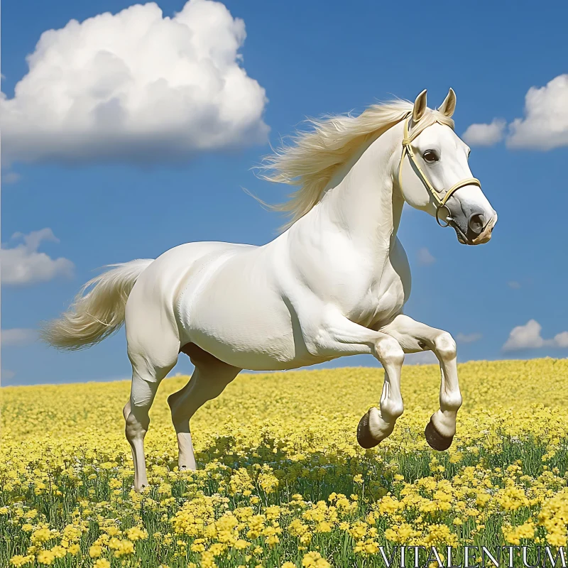 Galloping White Horse in Field of Flowers