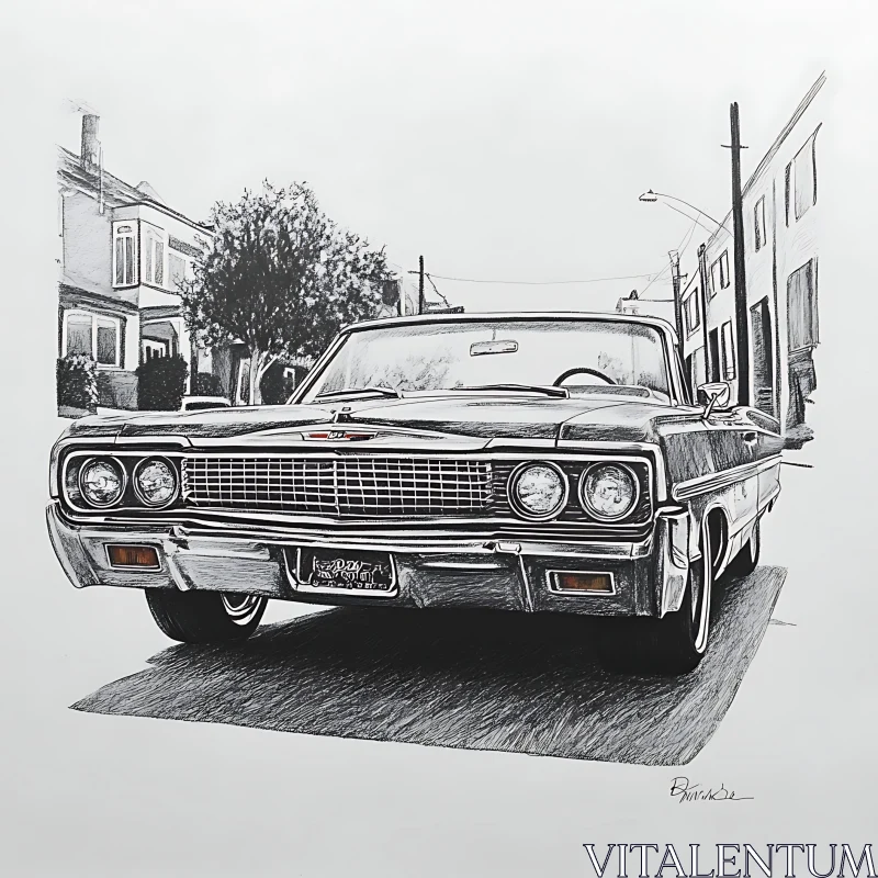 Monochrome Classic Car Street Drawing