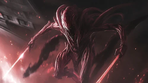 Crimson Alien with Glowing Blades