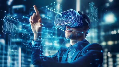 Man Exploring Virtual Worlds with VR