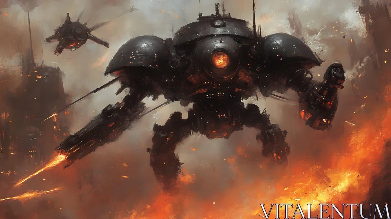 Futuristic Robot in Post-Apocalyptic Battle