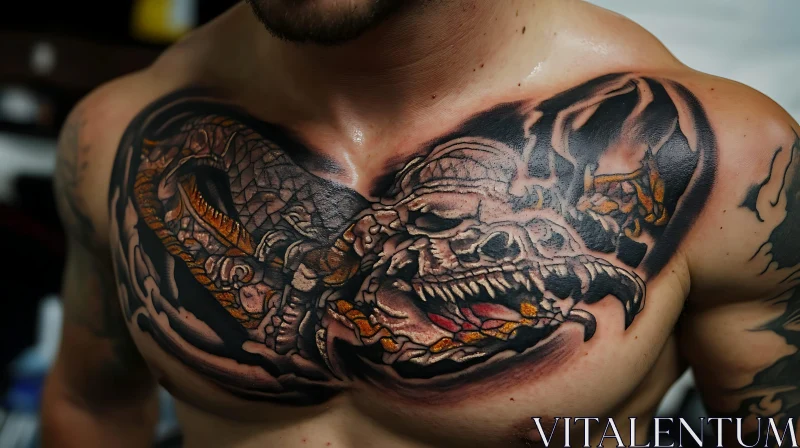 Dramatic Chest Tattoo Featuring Skull and Snake
