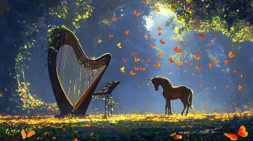 Enchanted Meadow with Horse and Harp