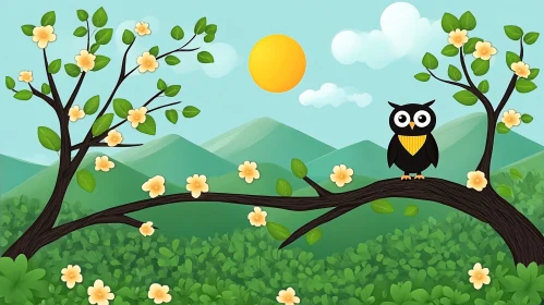 Illustrated Owl on a Flowering Branch
