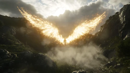 Radiant Wings Silhouette in Misty Mountains