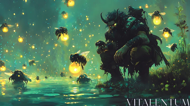 Horned Being and Bioluminescent Insects