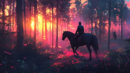 Horse Rider in Forest at Sunset