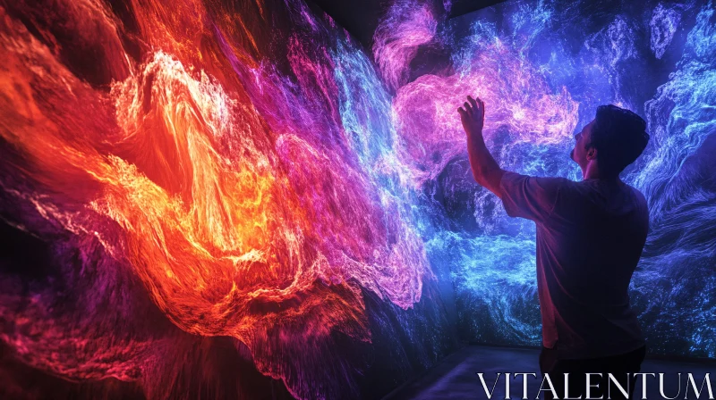Man Touching Abstract Light Installation