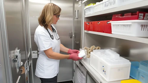Woman in White Coat and Pink Gloves