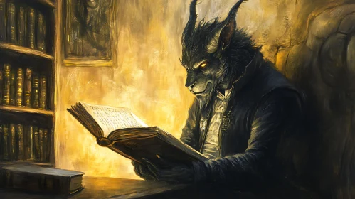 Fantasy Creature Reading in Old Library