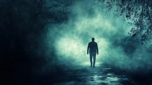 Man Walking in Foggy Forest