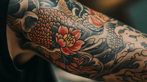 Intricate Arm Tattoo with Flowers and Fish