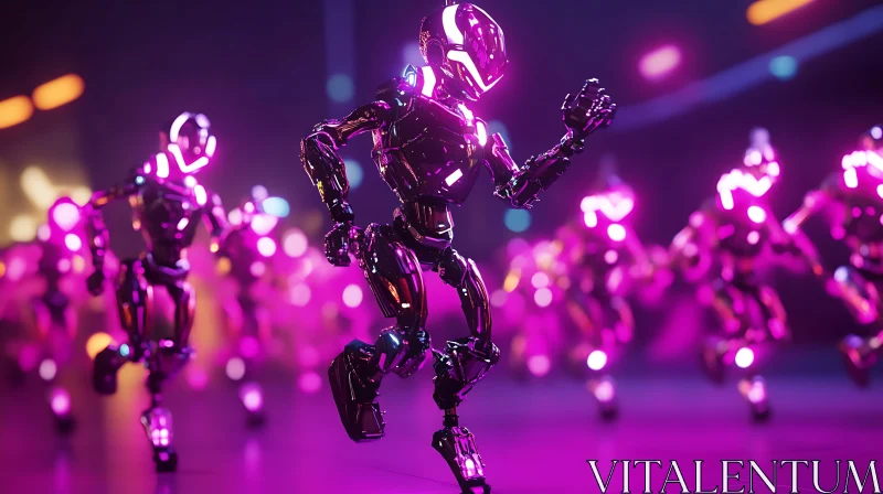Robots Race in Neon Cityscape AI Image