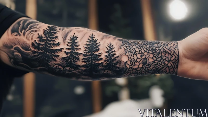 Nature-Inspired Black Ink Arm Tattoo AI Image