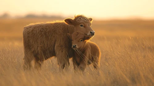 Highland Cow Family in Meadow