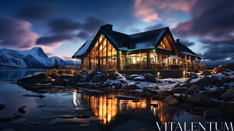 Captivating Cabin by the Water: A Night Photography Masterpiece AI Image