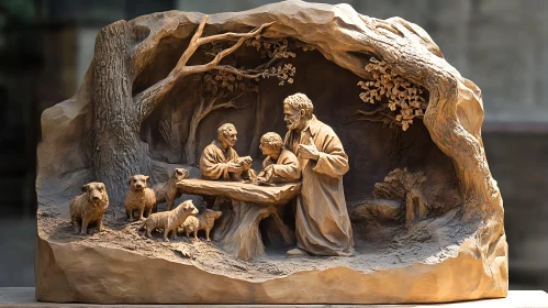 Detailed Wood Sculpture of a Family Scene