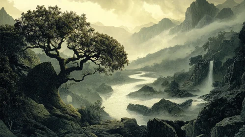 Serene Valley with Tree and Waterfall