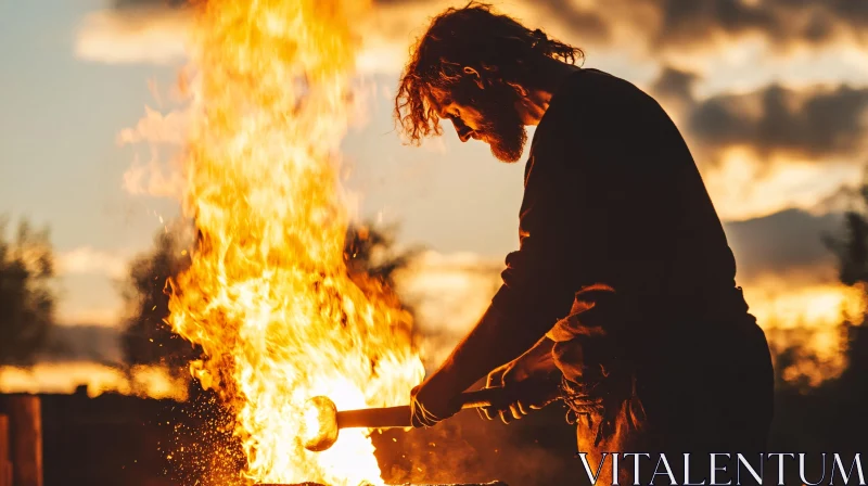 Man Shaping Metal with Firelight