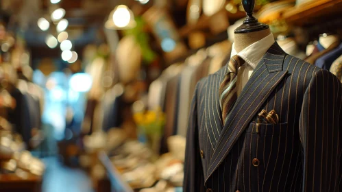 Elegant Dark Blue Striped Suit on Mannequin in Store