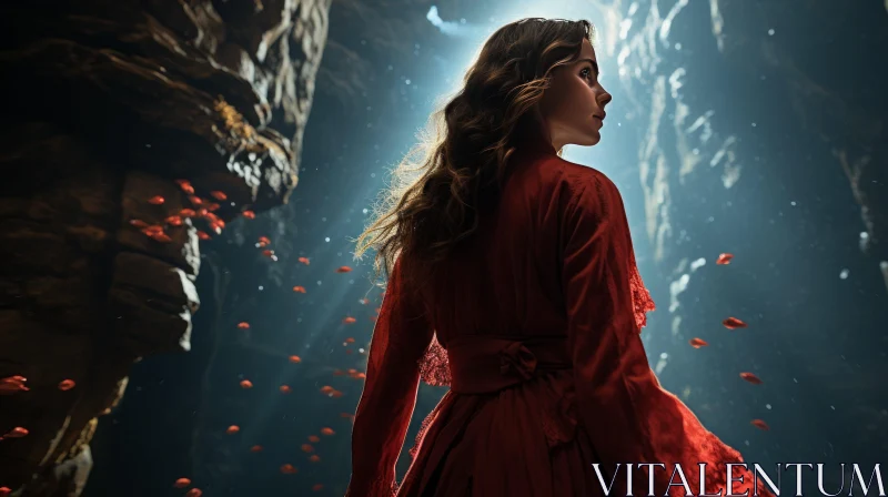 Fairytale Elegance: Woman in Red Dress amidst Floral Cave AI Image