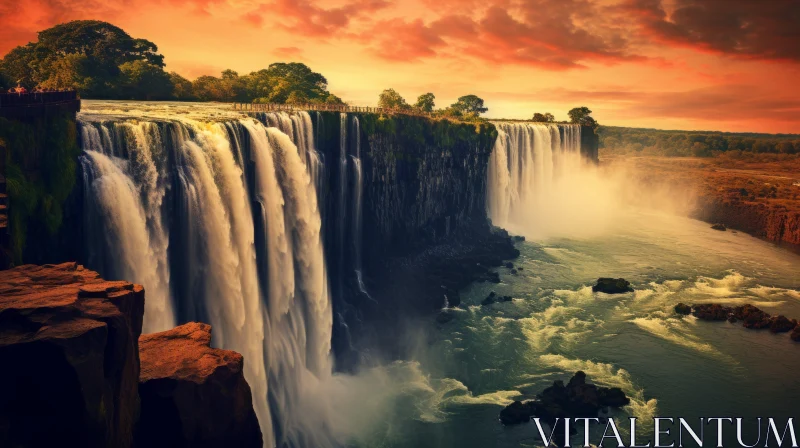 Giant Waterfall at Sunset: Dreamy Landscapes with African Influence AI Image