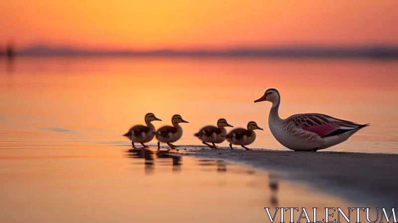 Mother Duck and Ducklings at Beach Sunset AI Image