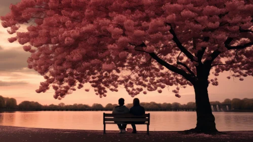 Romantic Image of Two People Sitting Under a Cherry Tree