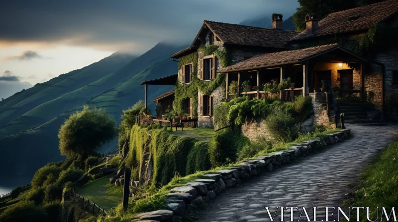 Rustic Cottage on Hillside - Pastoral Charm Meets Earthy Elegance AI Image