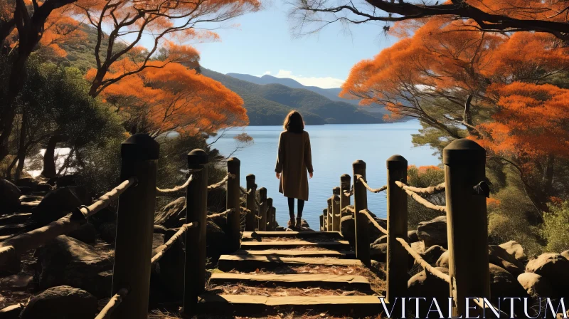 Serene Beauty: A Dreamlike Staircase to a Lake Amongst Vibrant Orange Trees AI Image