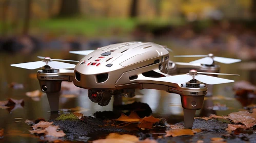 Silver Futuristic Drone Amidst Autumn Leaves