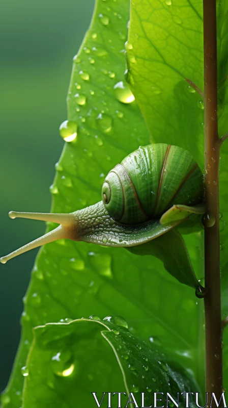 Snail Navigating a Leaf in Rain - A Scene of Tranquil Beauty AI Image