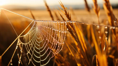 Spider Web in Wheat Field at Sunset