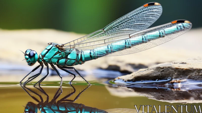 AI ART Teal Dragonfly on Rocks with Water Reflection