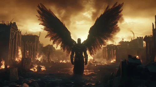 Winged Figure in Burning City Ruins