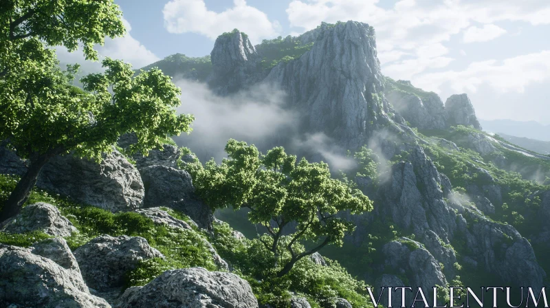 Mountainous Terrain with Trees and Mist AI Image