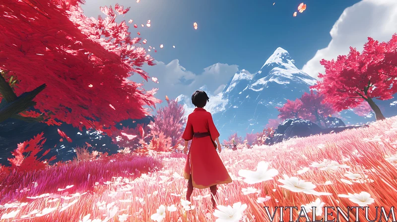 Red Trees and Mountains AI Image