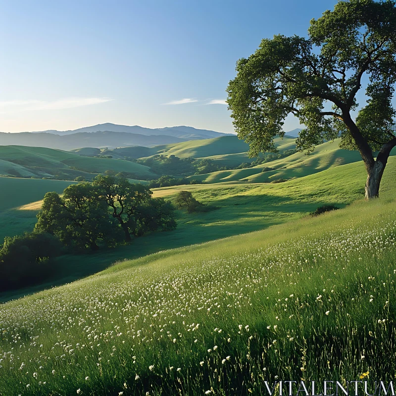 Picturesque Meadow with Green Hills and Tree AI Image