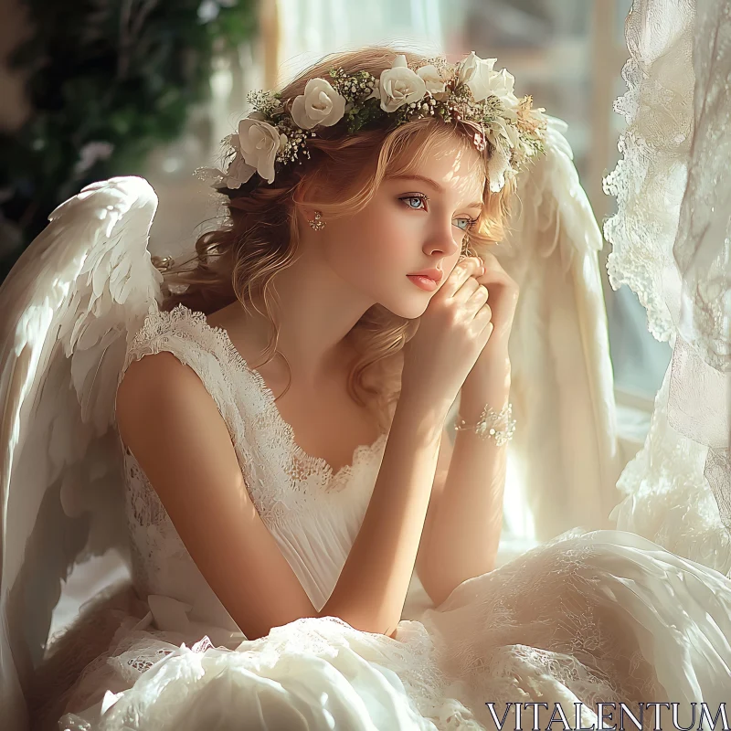 Serene Angel with Floral Crown and Wings AI Image