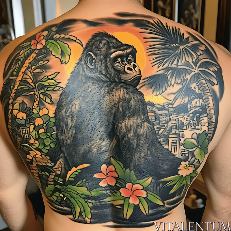 Intricate Gorilla Back Tattoo with Jungle and Urban Scenery AI Image