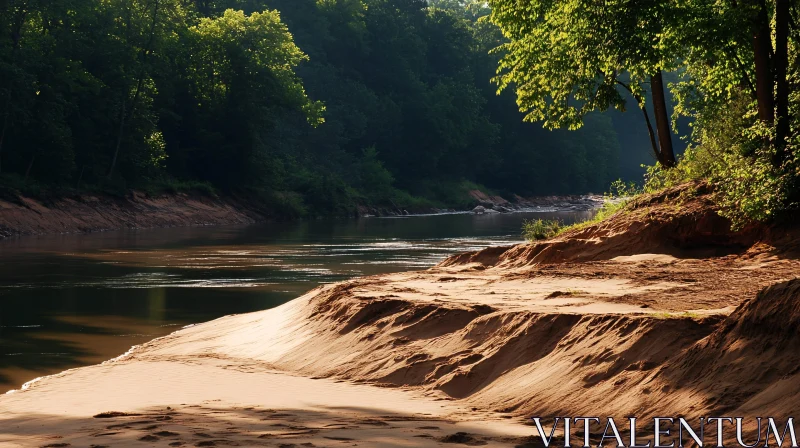 AI ART Peaceful Forest River Scene with Sand and Trees