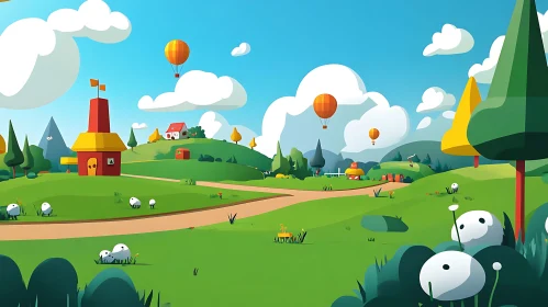 Whimsical Cartoon Countryside Scene