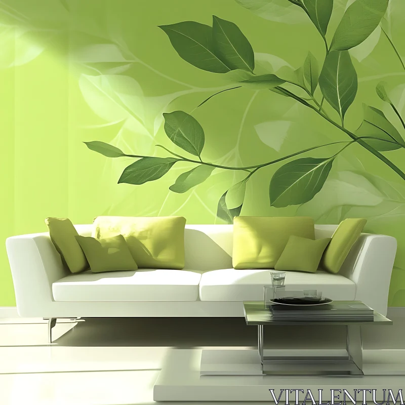 AI ART White Sofa with Green Pillows and Leaves