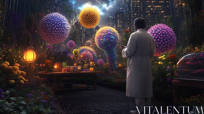 Floating Floral Spheres in Night Garden AI Image