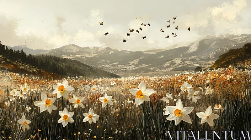 AI ART Floral Meadow with Distant Peaks